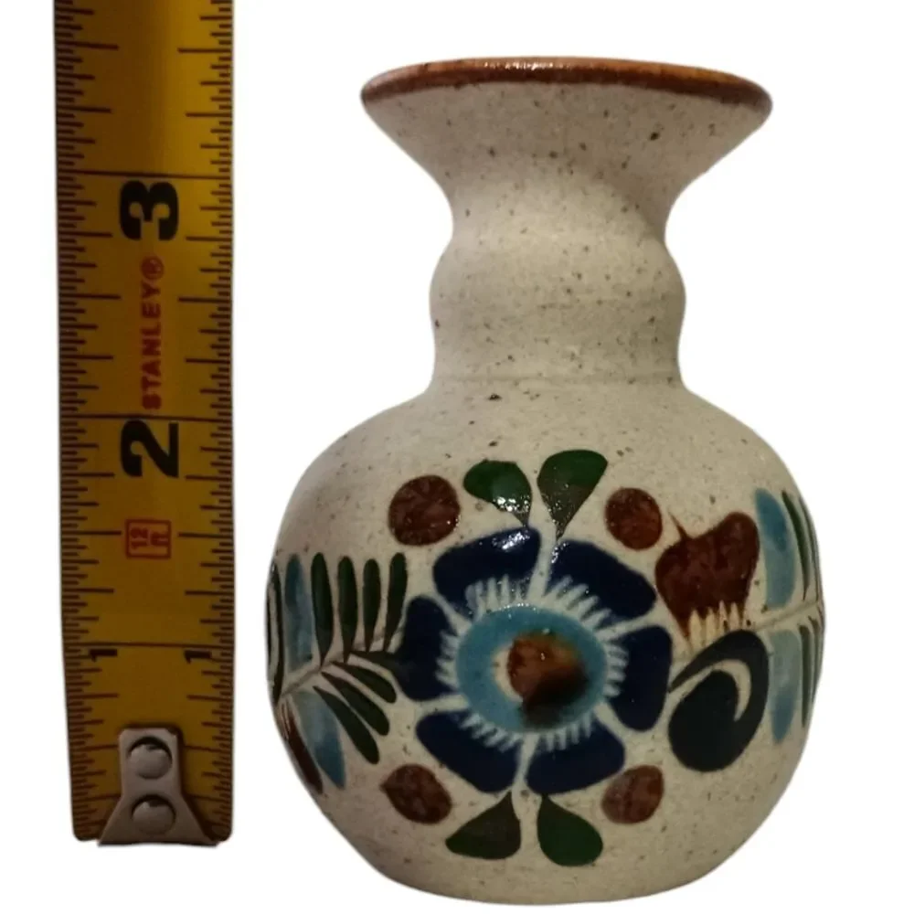 Tonala Pottery Bud Vase MINI Mexico Floral Sandstone Handpainted Signed Western.